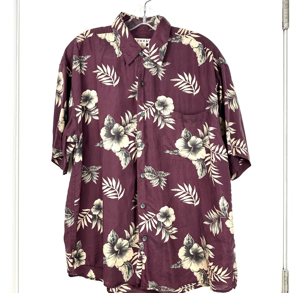 SUMMA‎ Maroon Silk Blend Aloha Shirt M Hibiscus Floral Vintage Y2K Vibes